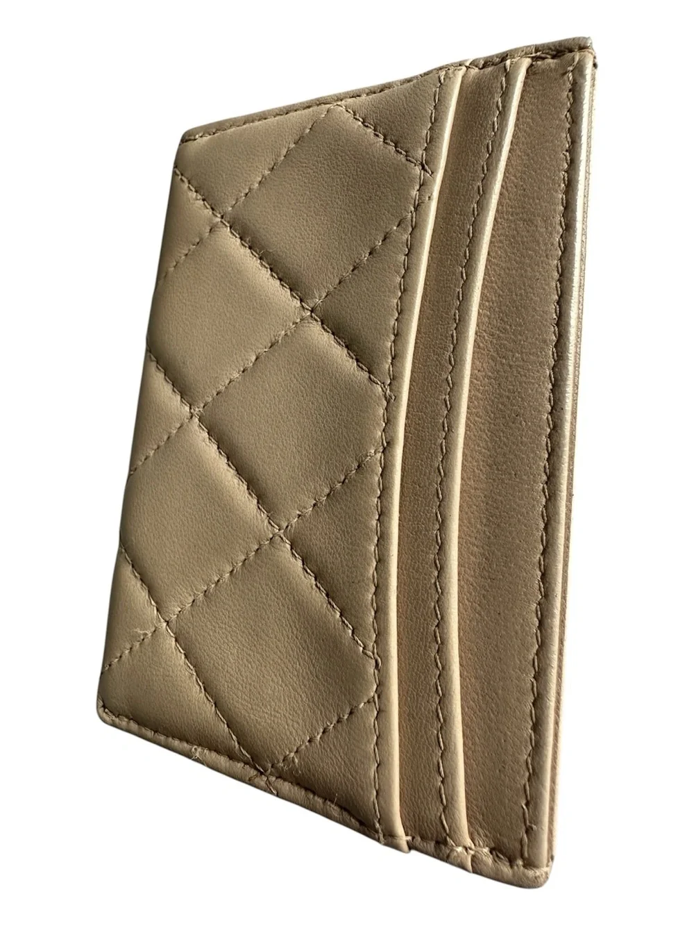 CHANEL Beige Quilted Lambskin Classic Card Case Gunmetal CC Logo Box